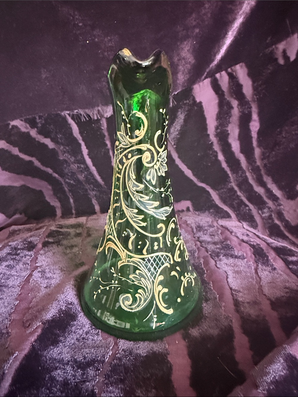 Bohemian Green Glass small pitcher vase with Hand-Painted Gold Scrollwork